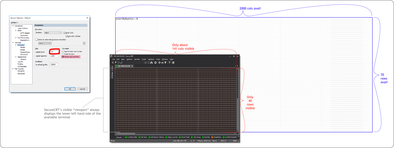 Screenshot showing the session option settings that are needed for the horizontal scrollbar to be useful