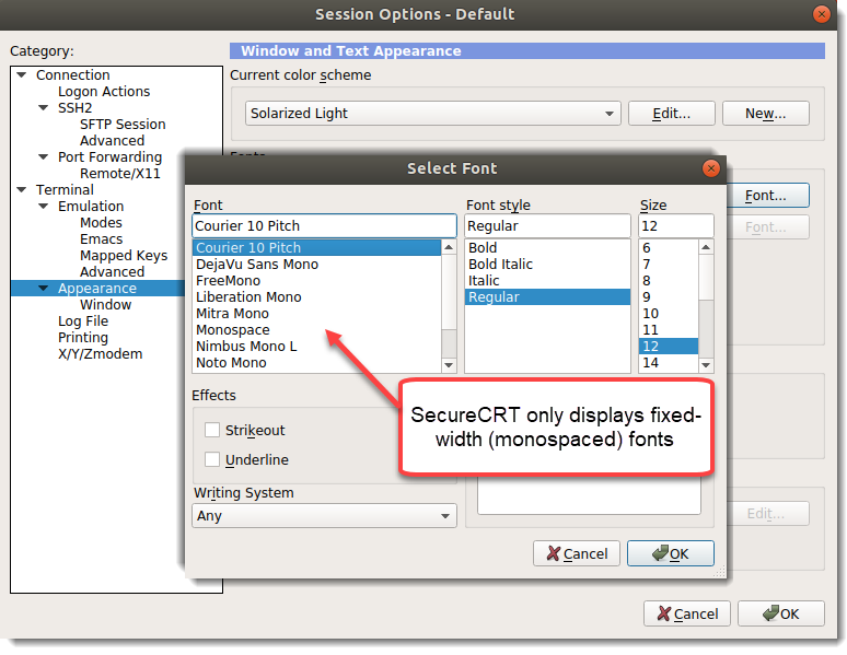 Screenshot showing Select Font window in Session Options / Default