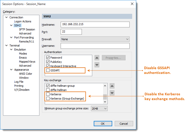Screenshot showing how to disable GSSAPI and Kerberos authentication in the Session Options / SSH2 category on the Windows version of SecureCRT