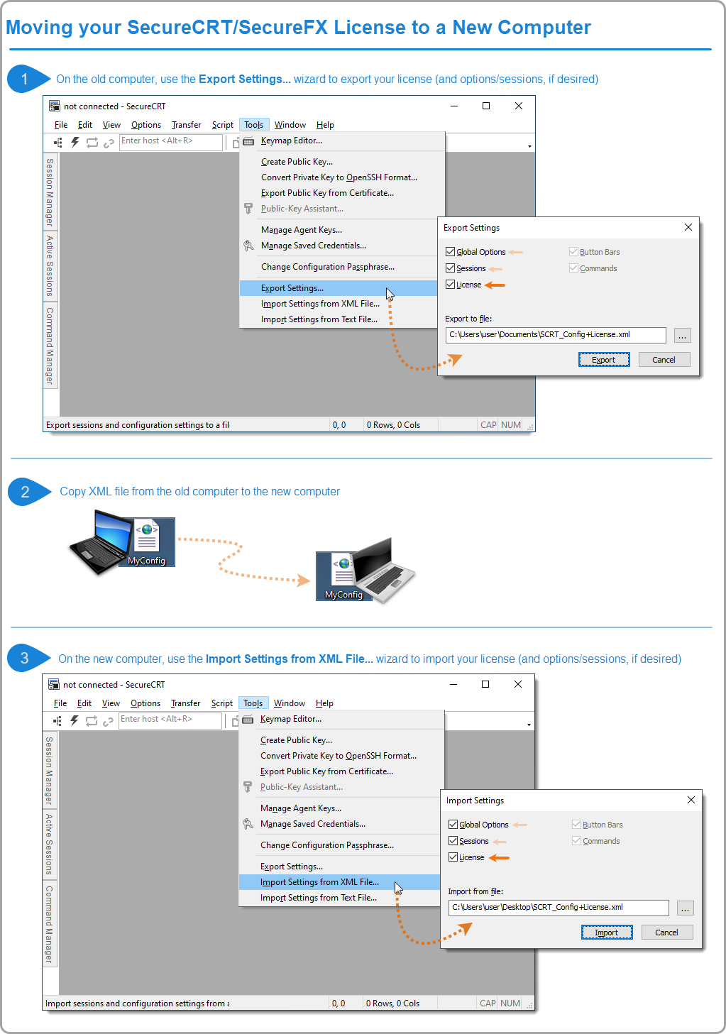 Screenshot showing how to use the import/export wizard to transfer a SecureCRT or SecureFX license to a new machine