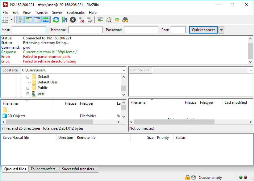 Screenshot showing FileZilla connecting to VShell with error, Failed to parse returned path