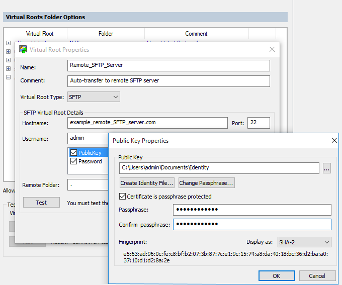 Screenshot of VShell SFTP Virtual Roots public-key authentication dialog