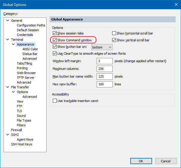 Screenshot showing how to make the Command window always be visible using the Global Options dialog, without the need to enable it via the View menu