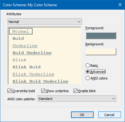 Screenshot of Attributes dialog displayed when creating a new custom color scheme
