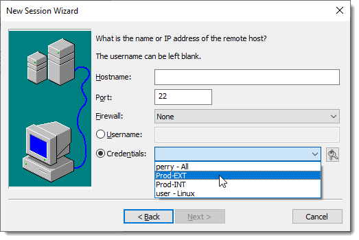 Selecting Credential Sets from Within the New Session Wizard