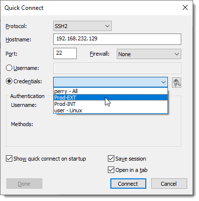 Selecting Credential Sets from the Quick Connect Credentials Selection Dropdown Menu