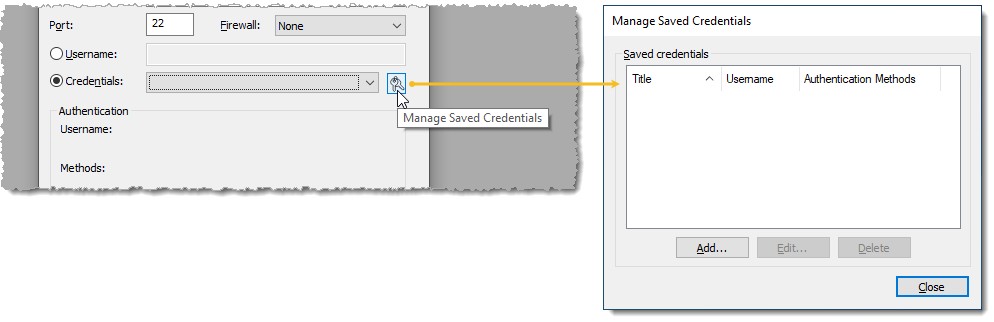 Navigating to SecureCRT Credentials Keys via Quick Connect or a Session Options Window