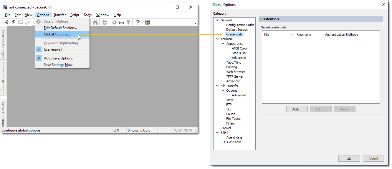 Navigating to the SecureCRT Global Options/General/Credentials category