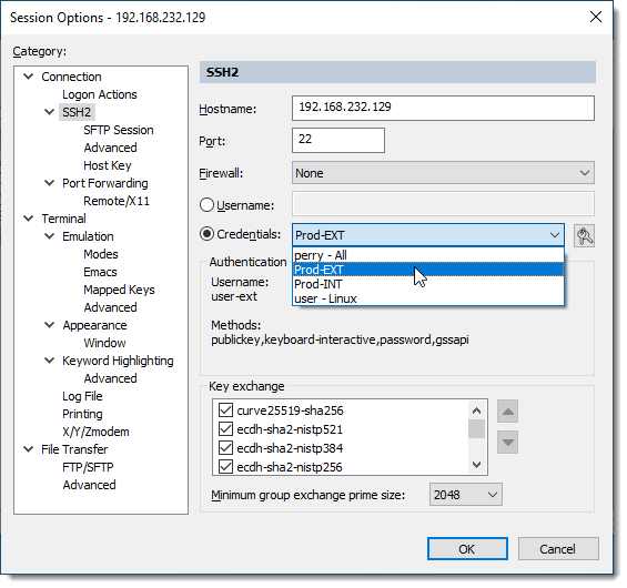 Selecting Credential Sets from Within the Session Options Window