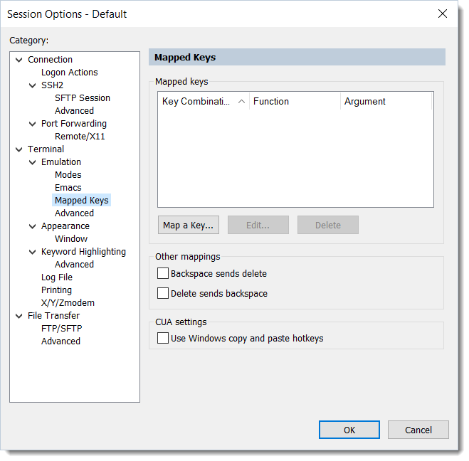 Navigating to the Mapped Keys Window in Default Session Options