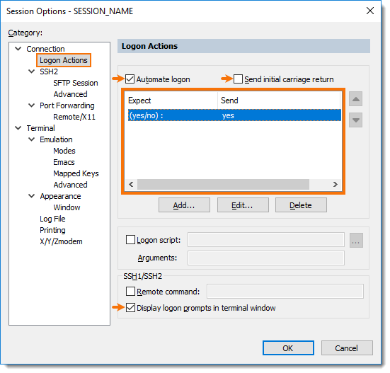 Automating logon option to respond with your own 'Expect and 'Send' text
