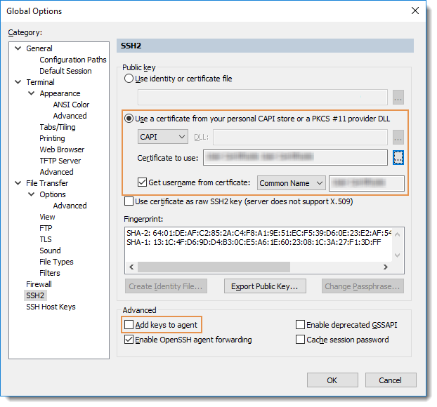 Global Options SSH2 category certificate configuration