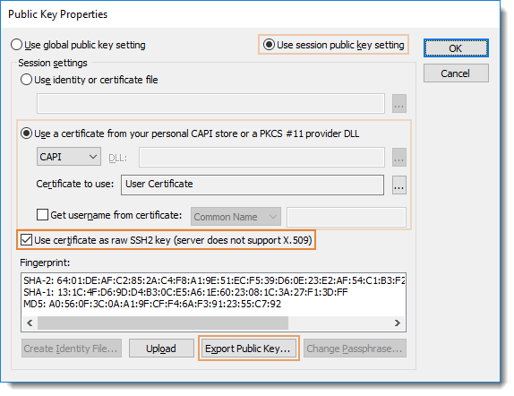 Public Key Properties/Use certificate as raw SSH2 key