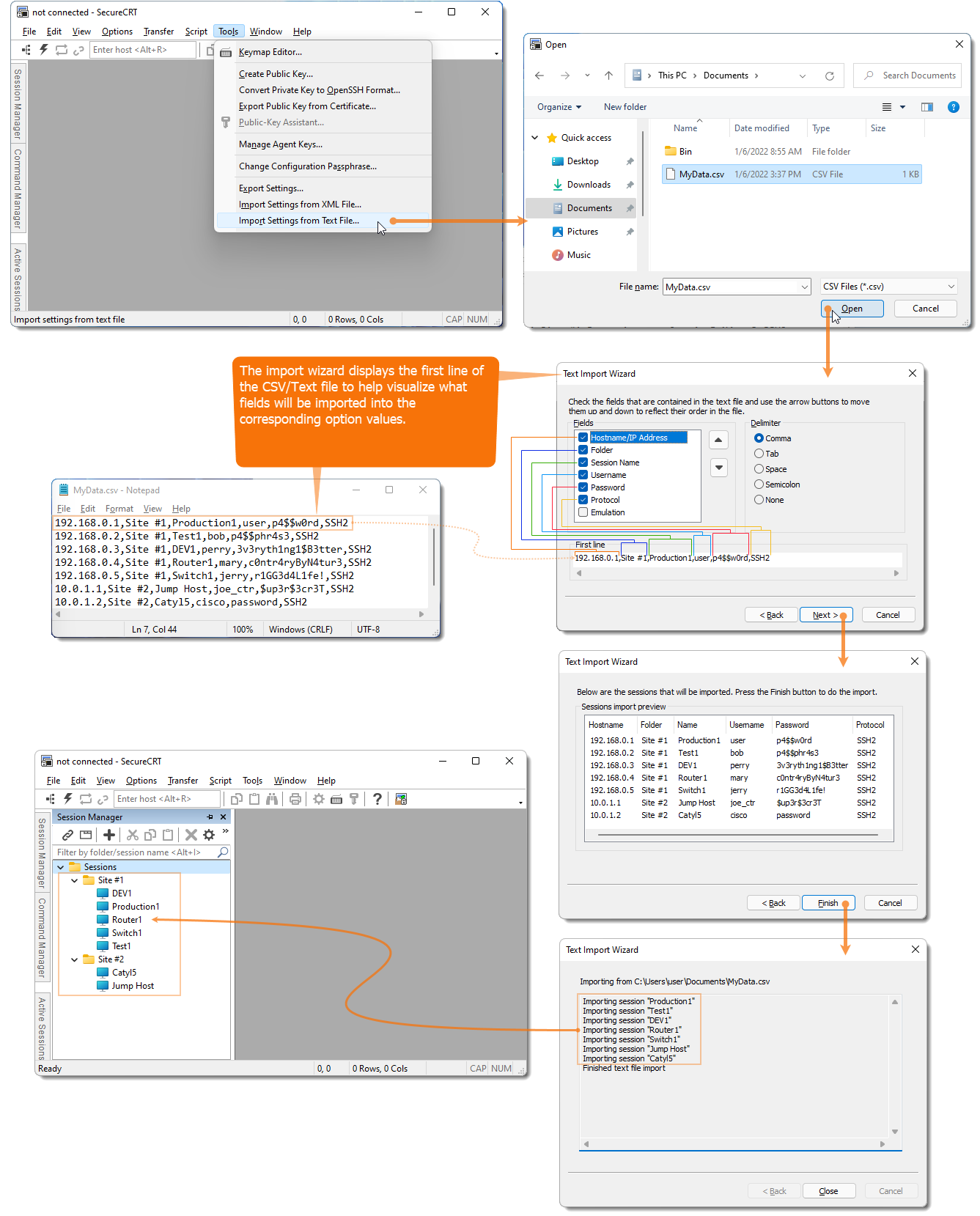 Screenshots demonstrating how to use the Text Import Wizard