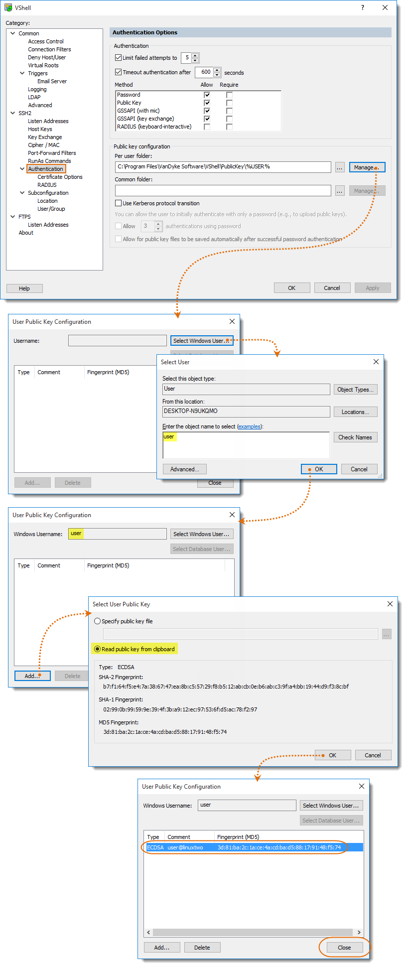 Graphic showing how to use the VShell control panel to configure your account to allow public-key authentication for your username.