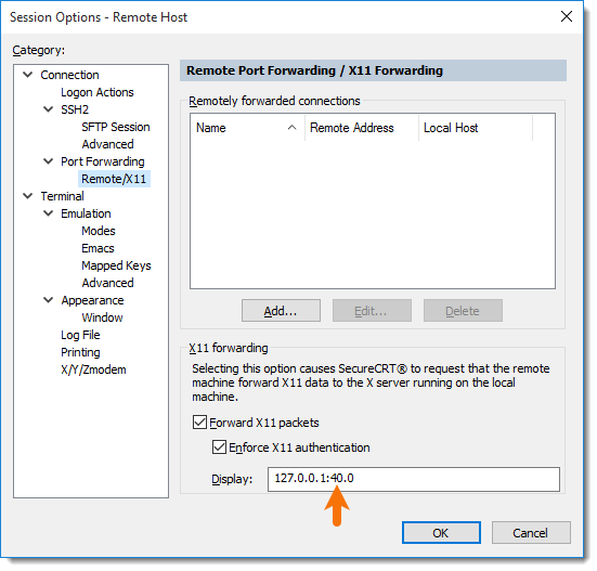 Screenshot showing SecureCRT's Session Options / X11 Forwarding Display value set to 127.0.0.1:40.0