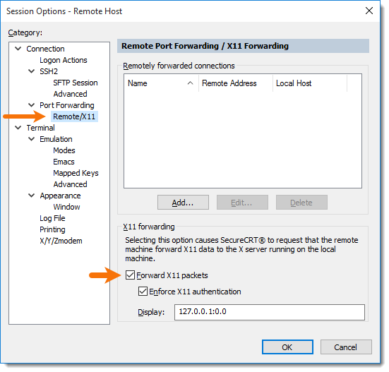 Screenshot showing settings to enable X11 packet forwarding in the Session Options dialog